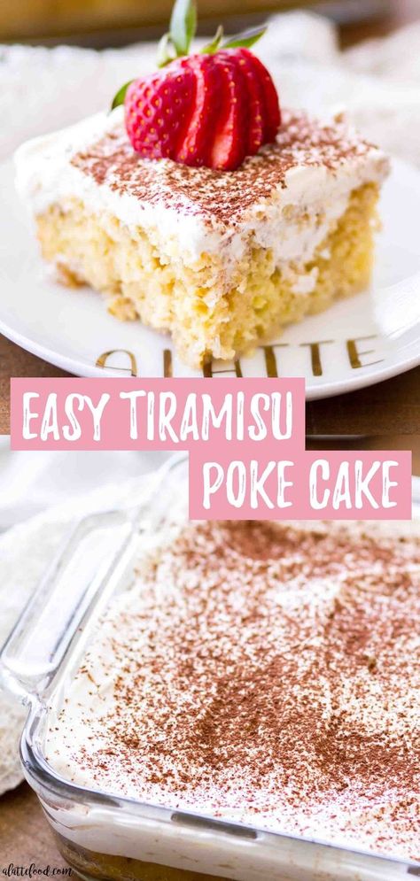 This easy tiramisu poke cake recipe is made with a yellow cake mix, filled with a coffee and sweetened condensed milk and topped with a cream cheese whipped cream. Cocoa powder and strawberries finish off this tiramisu cake recipe and it makes an easy summer or holiday dessert! #dessert #tiramisu #coffee #easy Tiramisu Poke Cake Recipe, Tiramisu Poke Cake, Tiramisu Easy, Classic Tiramisu Recipe, Tiramisu Cake Recipe, Easy Tiramisu, Poke Cake Recipe, Poke Cake Recipes, Tiramisu Cake