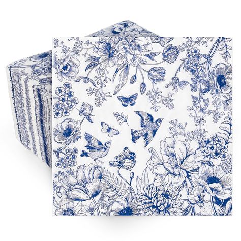 PRICES MAY VARY. THE PACKAGE INCLUDES: 100 counts chinoiserie paper napkins with blue white floral design, they will offer sufficient quantity and exquisite design to meet your various needs on different parties and dinner tables. FLORAL DESIGN: Our paper napkins featuring chinoiserie theme, patterned with various flowers, birds and butterflies, mainly colored in blue and white, elegant and characteristic, will nicely increase the fun atmosphere, great supplies for daily and party use. QUALITY M Chinoiserie Wedding, Napkins For Wedding, Floral Paper, White Dishes, Flower Bird, Blue Baby Shower, Wedding Napkins, Blue Baby, Dinner Napkins