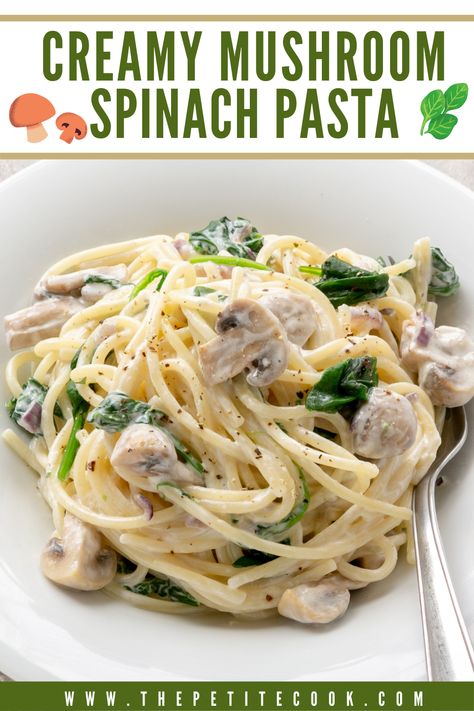 This easy and creamy vegetarian mushroom and spinach pasta is a fantastic option for a quick delicious meal in just 10 minutes! Spinach And Mushroom Pasta, Mushroom And Spinach Pasta, Mushroom Spinach Pasta, Cream Of Mushroom Pasta, Low Carb Pasta Recipes, Spinach Mushroom Pasta, Spinach Pasta Recipes, Pasta Calories, Cooking Spinach