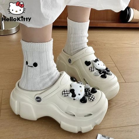 Hello Kitty Platform Shoes, Cartoon Accessories, Kawaii Kitty, White Sandals Heels, Fashion Slippers, Platform Slippers, Beige Shoes, Black Sandals Heels, T Strap Sandals