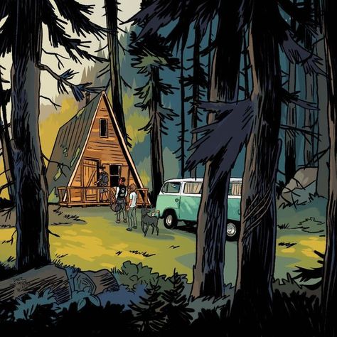 Spooky Cabin, Cabin Drawing, Woods Drawing, Woods Illustration, Cabin In Woods, Spooky Woods, Wood Illustration, Cabin Art, Art Prompts