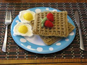 Waffle Amigurumi Crochet Pattern, Crochet Sunny Side Up Egg, Crochet Cakes, Waffles With Strawberries, Eggs Sunny Side Up, Crocheted Food, Wheat Waffles, Whole Wheat Waffles, Crochet Waffle