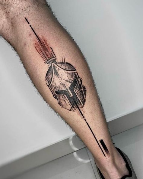 Best 2024 Tattoo Ideas for Men: Sleeve to Small Arm Inspirations Simple Leo Tattoos Men, Simple Spartan Tattoo, Tatoos Men Hand, Cool Simple Tattoos For Guys, Spartan Tattoo Ideas, Tattoo For Leg, Spartan Helmet Tattoo, Sparta Tattoo, Calf Sleeve Tattoo