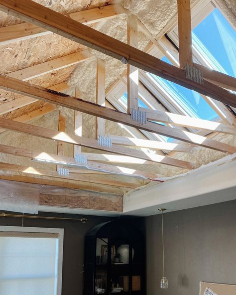 Closet Wallpaper, Exposed Trusses, Loft Ceiling, Barn Bedrooms, Wood Truss, Velux Skylights, Shed Home, Lake Cabin, Roof Lines