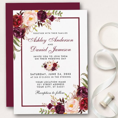 $2.92 | Watercolor Burgundy Floral Wedding Invitation #rustic wedding invitations, country wedding invitations, pink roses red roses flowers, summer botanical greenery, modern spring garden outdoor wedding, boho chic bohemian wedding, elegant red wine vineyard wedding, autumn fall wedding, vintage winter, watercolor burgundy floral Wine And Gold Wedding, Wine Vineyard Wedding, Outdoor Wedding Boho, Wedding Invitations Country, Gold Wedding Invite, Wedding Invitations Pink, Garden Outdoor Wedding, Wedding Boho Chic, Cookie Wedding