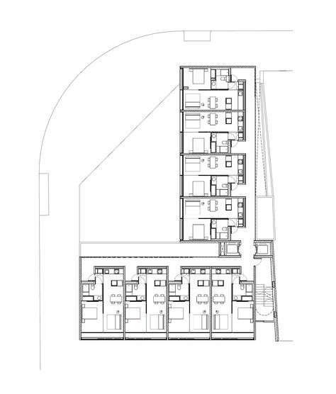 Image 22 of 27 from gallery of 51 Public Social Dwellings / Conxita Balcells Blesa. Typical Plan Residential Building Plan, Social Housing Architecture, Residential Architecture Apartment, Atrium Design, Small Apartment Building, Co Housing, Building Images, Apartment Floor Plan, Hotel Plan