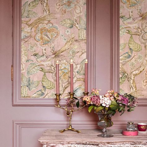 Beautiful birds perch on gently twisting tree branches in this maximalist floral print. This design has a matte brushed effect and would create an enveloping botanical statement in any space. Shown here in the Pink colourway. Beauty Room Wallpaper, Pink Wallpaper Decor, Pink Wallpaper Room, Pink Bedroom Wallpaper, Twisting Tree, Maximalist Floral, Vintage Floral Decor, Floral Wallpaper Bedroom, Pink Floral Wallpaper