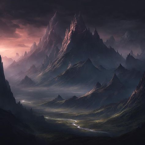 mountain, stone, background, rock, valley, landscape, illustration, fantasy, river, dark Rocky Fantasy Landscape, Fantasy Dark Landscape, Fantasy Mountain Aesthetic, Nordic Fantasy Landscape, Mountain Fantasy City, Dark Fantasy Landscape Art, Fantasy Mountain City, Mythical Mountains, Dnd Mountain