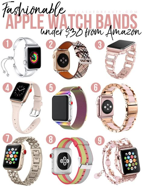 These fashionable Apple watch bands are under $30 and will let you dress up your watch to match any outfit and any occasion! Good Apple Watch Band, Apple Watch 8 Bands, Trendy Apple Watch Bands Amazon, Apple Bands For Women, Trending Apple Watch Bands, Womens Apple Watch Band, Trendy Apple Watch Band As A Gift, Cool Apple Watch Bands, Rose Gold Apple Watch Band Ideas