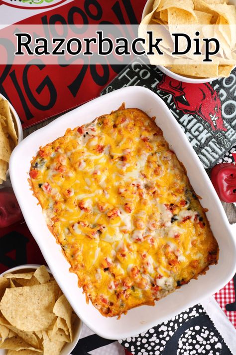 Razorback Dip Will Have You Calling The Hogs | Only In Arkansas Bag Of Chips, Football Snacks, State Foods, Dip Recipes Easy, Tailgate Food, Recipes Appetizers And Snacks, Finger Food Appetizers, Football Food, Game Day Food