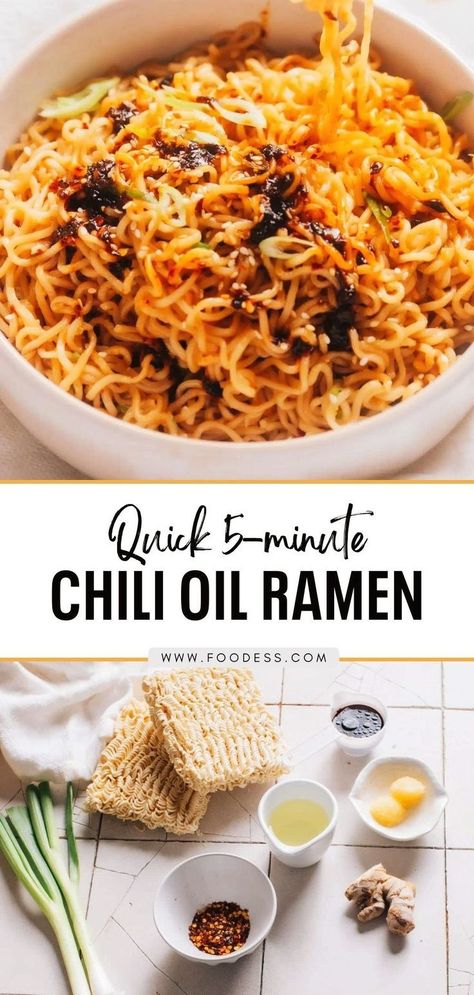 Indulge in the exquisite flavor of Chili Oil Ramen, a dish that elevates instant noodles to new heights. With its bold chili oil, garlic, ginger, and soy sauce, this dish offers a perfect blend of spicy, savory, and aromatic flavors. The wavy noodles soak up the delectable sauce, delivering a sensational slurping experience. This 5-minute recipe is incredibly easy and quick to make, yet will make you feel like you're dining at your favorite takeout restaurant. Full recipe on my blog! Chili Oil Ramen, Garlic Chili Oil Noodles, Chili Ramen, Chili Oil Noodles, Garlic Chili Oil, Spicy Ramen Noodles, Quick Chili, Oil Noodles, Chili Oil Recipe