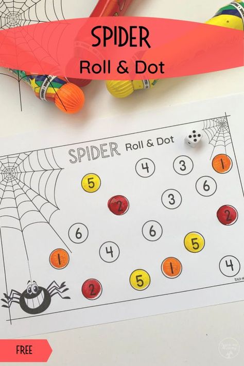 Spider roll and dot activity plus fine motor activity reusing the finished page. #freebies #freeprintables #spiders #teachmemommydotcom Spider Day Activities, Spider Activity For Preschool, Spider Math Activities For Preschool, Spiders Kindergarten Activities, Spider Fine Motor Activities, Spiders Preschool Activities, Spider Activities Preschool, Preschool Spider Activities, Spider Activities For Kids