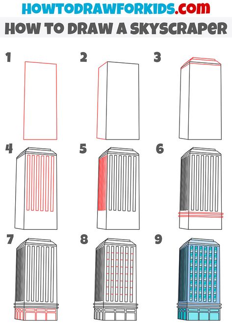 how to draw a skyscraper step by step How To Draw A Skyscraper, Step By Step Drawing Buildings, Skyscraper Painting Easy, How To Draw Skyscrapers, How To Draw A Building Step By Step, Architecture Drawing Beginner Step By Step, How To Draw A Building, How To Draw Buildings Step By Step, How To Draw Buildings