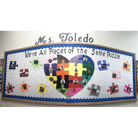 we’re all pieces of the same puzzle bulletin board. february 2018. Puzzle Piece Bulletin Board Ideas, Puzzle Piece Bulletin Board, Puzzle Bulletin Boards, Puzzle Peice, Stem Bulletin Boards, Wall Puzzle, College Poster, School Displays, Leader In Me