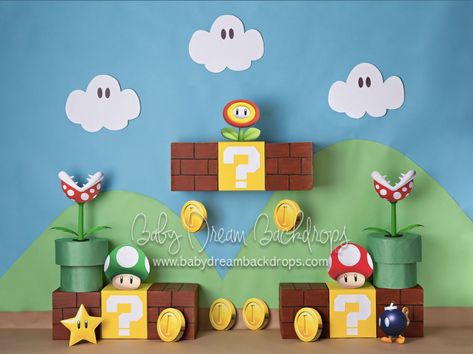 Super Mario Backdrop, Super Mario Bros Party Ideas, Super Mario Room, Princess Peach Party, Mario Kart Party, Mario Bros Birthday Party Ideas, Mario Crafts, Mario Birthday Cake, Super Mario Bros Birthday Party