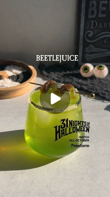 31 Nights Of Halloween on Instagram: "#FreeformPartner the juice is loose 🪲 watch beetlejuice tonight at 9p and all your favorites during #31nightsofhalloween all October on @freeform.

*disclaimer: no beetles were harmed in the making of this video

Rim glass w/ black and white sugar
1.5 oz vodka
.75 oz melon liqueur 
.75 oz lime juice
Shake with ice
Strain over ice
Top with ginger ale
Garnish with gummy worm" Beetlejuice Party, 31 Nights Of Halloween, Gummy Worm, Melon Liqueur, Gummy Worms, Ginger Ale, Beetles, Beetlejuice, Lime Juice