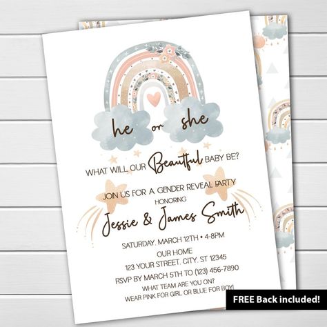 Boho Rainbow Gender Reveal Party, Boho Rainbow Gender Reveal, Diy Baby Shower Invitations, Neutral Gender Reveal, Rainbow Baby Shower Invitations, Gender Reveal Themes, Gender Reveal Party Invitations, Boho Baby Shower Invitations, Cadeau Baby Shower