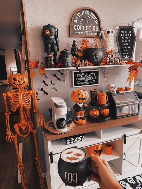 Hocus Pocus Addict | my coffee bar is ready ￼🎃💀🦇🪦⚰️ | Facebook Halloween Cafe, Cofee Bar, Fall Party Decorations, Christmas Ideas Gifts, Boho Halloween, Coffee Serving, Halloween Table Decorations, Goth Decor, Halloween Coffee