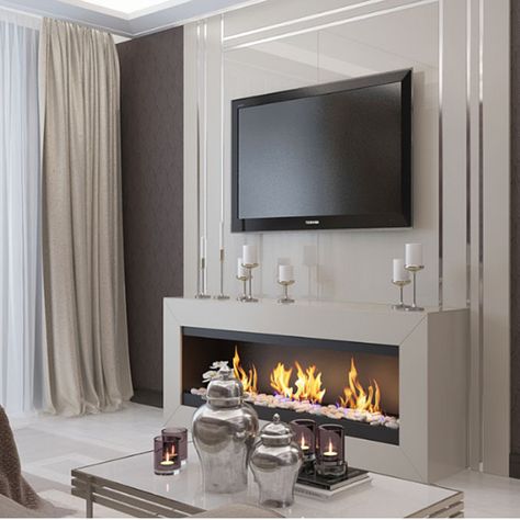 Tv Gas Fireplace Wall, Fire Wall, Modern Fireplace Ideas With Tv Feature Walls, Tv And Fireplace, Indoor Gas Fireplace, Bungalow Living Room, Luxury Living Room Inspiration, Contemporary Living Room Design, Build A Fireplace