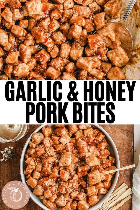 pinterest pin for Chopped Pork Bites with Garlic Honey Pork Chop Recipes Non Dairy, Honey Garlic Pork Bites Slow Cooker, Pork Bites Recipes Crock Pot, Pork Bites Recipes, Garlic Pork Bites, Gluten Free Pork Chops, Healthy Pork Chops, Pork Dinners, Pork Bites