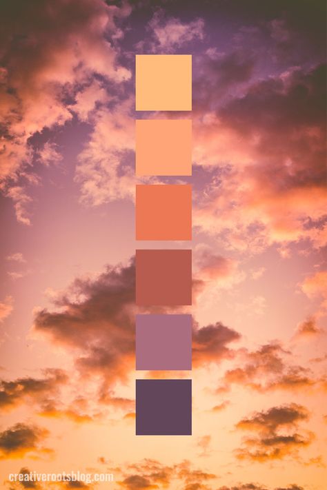 Color palette inspired by a a deep orange and purple sunset and clouds. Fluffy clouds and calming, bright sky. Interior design, graphic design, and more can find inspiration and color ideas from this sunset color palette. Yellow, Gold, Orange, Peach, Rust, Purple, Lavender color palette idea. Lavender Color Palette, Sunset Color Palette, Orange Palette, Minimalist Dekor, Sunset Color, Purple Sunset, Color Schemes Colour Palettes, Deep Orange, Palette Design