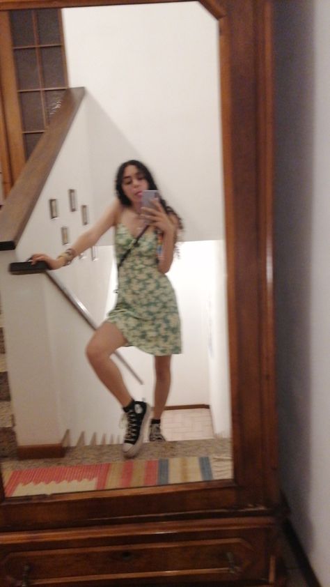 Black Converse Outfit, Flower Dresses Outfit, Green Dress Outfit, Dress With Converse, Converse Outfit, Light Green Dress, Green Summer Dresses, Summer Hiking, Summer Hiking Outfit