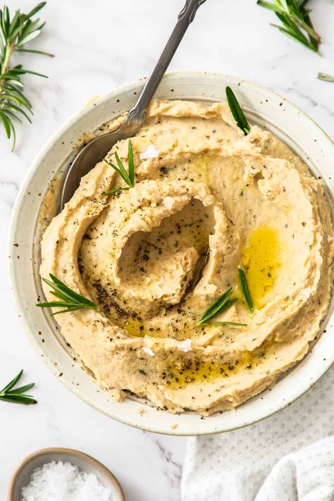 Round white dish of butter bean mash, garnished with some rosemary stalks, sitting on a white tea towel, with a spoon in the bowl. Whipped White Beans, Butter Bean Mash Recipe, White Bean Mash, Butterbean Mash, Butter Bean Mash, Bean Mash, Butter Beans Recipe, Canned Butter, Mash Recipe