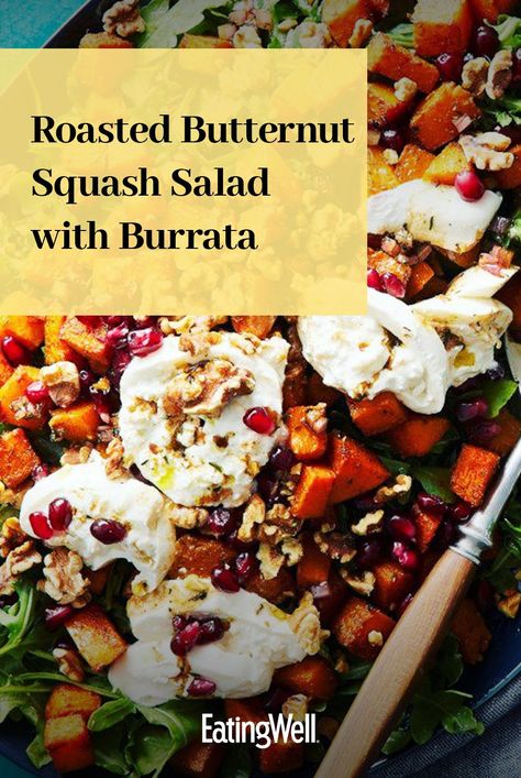 This beautiful butternut squash salad with creamy burrata cheese and peppery arugula is perfect for fall entertaining.  #healthyeating #healthyfoods #healthylifestyle #healthyrecipes#salads#saladrecipes#healthysalads#saladideas Roasted Butternut Squash Salad With Burrata, Fall Burrata Salad, Butternut Squash Arugula Salad, Butternut Salad Recipes, Roasted Butternut Squash Salad, Salad With Burrata, Burrata Recipe, Burrata Salad, Butternut Squash Salad