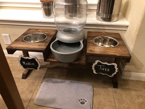 Diy Dog Bowl Stand For Two Dogs, Dog Water Station Diy, 2 Dog Food Station, Diy Dog Food Storage Pet Station, Large Dog Food Station, Dog Food And Water Bowl Station, Diy Dog Food And Water Station, Dogs Home Ideas, Dog Food And Water Station Diy Projects