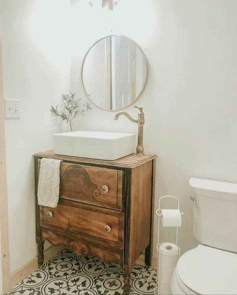 Dresser Sink, Rustic Remodel, Diy Bathroom Vanity, Diy Dresser, Upstairs Bathrooms, Vintage Dressers, House Bathroom, Diy Bathroom, Cheap Home Decor