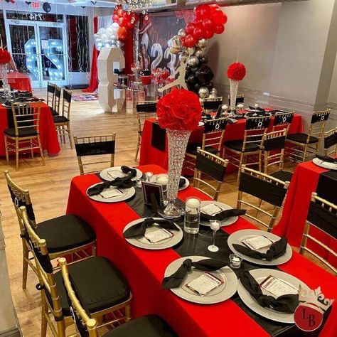 Red Black And Silver Centerpieces, Red Black And White Event Decor, Black Red And Gold Birthday Party, Red White And Black Decorations, Red Black White Silver Party Decorations, Red Black And Silver Party Decoration Centerpiece Ideas, Red And Black Graduation Party Ideas Table Decorations, Red Black And Silver Party Decoration, Black And Red Table Setting