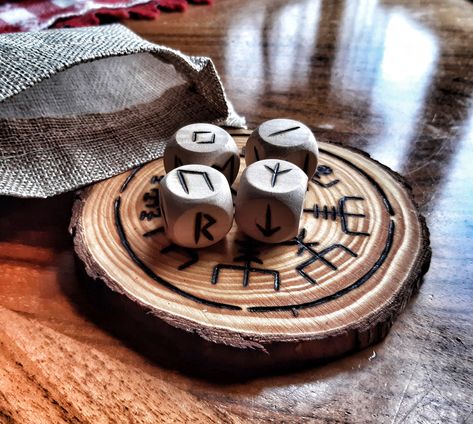 Hand Crafted, Primal Germanic, Norse, Viking, Natural Wooden Elder Futhark Rune Dice. Perfect for ceremonial, ritualistic or divination purposes. Made from natural wood, each dice is approximately 2cm x 2cm. 24 Elder Futhark Runes hand burned across 4 dice. Comes complete with a small elegant cotton  drawstring pouch. Elder Futhark Runes, Futhark Runes, Elder Futhark, Viking Runes, Witch Aesthetic, Men Jewelry, Drawstring Pouch, Wood Working, Runes