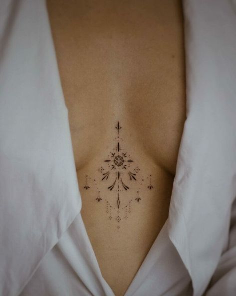 Mandela Tattoo, Underboob Tattoo Designs, Small Chest Tattoos, Chest Tattoos For Women, Spiritual Tattoos, Sternum Tattoo, Discreet Tattoos, Subtle Tattoos, Time Tattoos