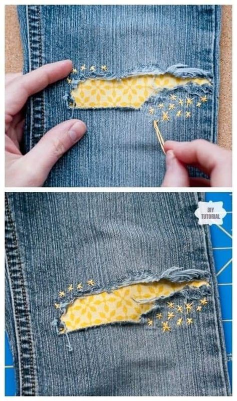 Mending T Shirt Holes, Jean Patching Ideas, Diy Fashion Upcycle, Denim Repair, Diy Clothes Hacks, Denim Crafts Diy, Shabby Chic Clothes, Upcycle Clothes Diy, Blue Jeans Crafts