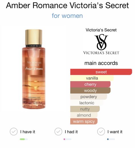 فيكتوريا سيكريت, Victoria Perfume, Victoria Secret Spray, Profumo Victoria Secret, Amber Romance, Victoria's Secret Perfume, Perfume Organization, Fragrances Perfume Woman, Victoria Secret Fragrances