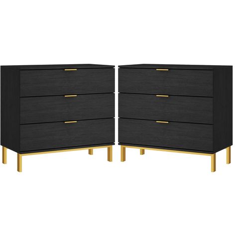 PRICES MAY VARY. Black and Gold Nightstand - This nightstand features 3 spacious drawers, each of which has a width of 27.6" and a depth of 11.8", allowing to well organized your bedroom stuff. The 29.7 inch height would perfectly suit most of beds, making convenience to store and reach items. The comfortable color combination and wood grain surface makes it really attractive for your bedroom or living room. Multi-use - Not just considered as a nightstand, this black 3 drawer dresser would make Black Nightstand Bedroom Overstock, Modern Bedroom Furniture Black, Boack Bedroom Furniture, Modern Boho Bedroom With Black Furniture, Bedside Table With Black Accent Wall, Black Gold Nightstand Bedroom, Black And White Bedroom Nightstands, Beige And Black Nightstand, Black And Gold Bed Side Table