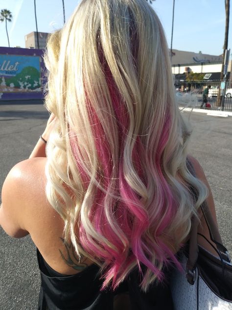 Pink Underneath Hair, Pink And Blonde Hair, Blonde And Pink, Pink Hair Streaks, Pink Hair Highlights, Blonde Hair With Pink Highlights, Pink Blonde Hair, Haircut Inspo, Pink Hair Dye