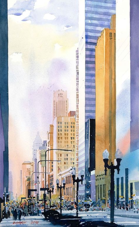 Spiral Design Art, City Scene Painting, Chicago Painting, Chicago Cityscape, Watercolor Blog, Watercolor City, Scene Drawing, Watercolor Architecture, Michigan Avenue