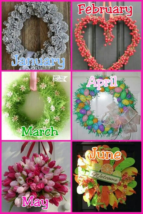 Wreaths for months January through June. Monthly Wreath Ideas, Spring Door Decorations For School, January Wreaths, January Wreath Ideas, November Decorations, Door Decorations For School, Spring Door Decorations, Decorations For School, January Wreath