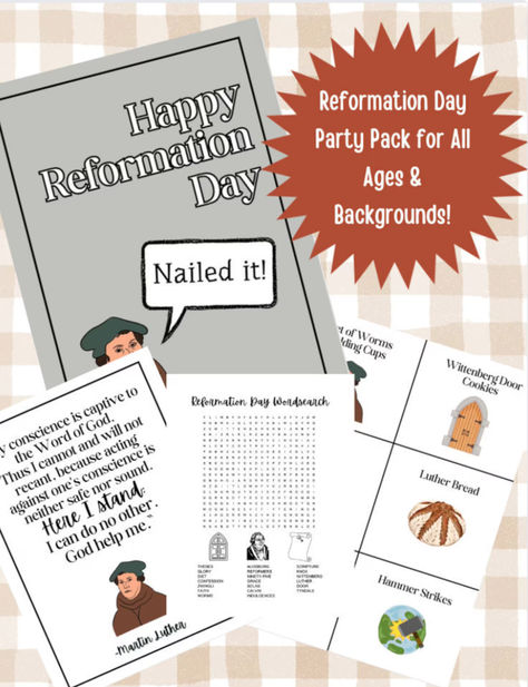 Throw a Reformation Day Party for your friends, neighbors, or students without being weird or arrogant. The games, recipes, food labels, posters, and brief story of the Reformation page are perfect for all ages and backgrounds. Includes full color, medium color, and grayscale printable versions of each item in the bundle. Reformation Day Printables, Reformation Day Homeschool, Mysteries Of The Rosary Printable, Relief Society Declaration Printable, General Conference Crossword Puzzle, Stand Quotes, Reformation Day, Party Snack Food, God Help Me