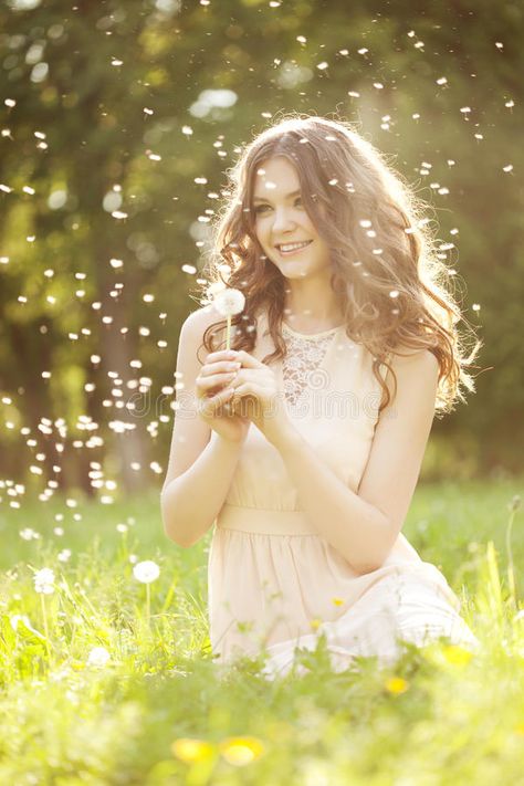 Beautiful Woman Blowing A Dandelion Stock Photo - Image of forest, beautiful: 39464012 Blowing A Dandelion, Spring Picture Ideas, Dandelion Pictures, Whimsical Photoshoot, Blowing Dandelion, Summer Happiness, Studio Portrait Photography, A Dandelion, Flower Photoshoot