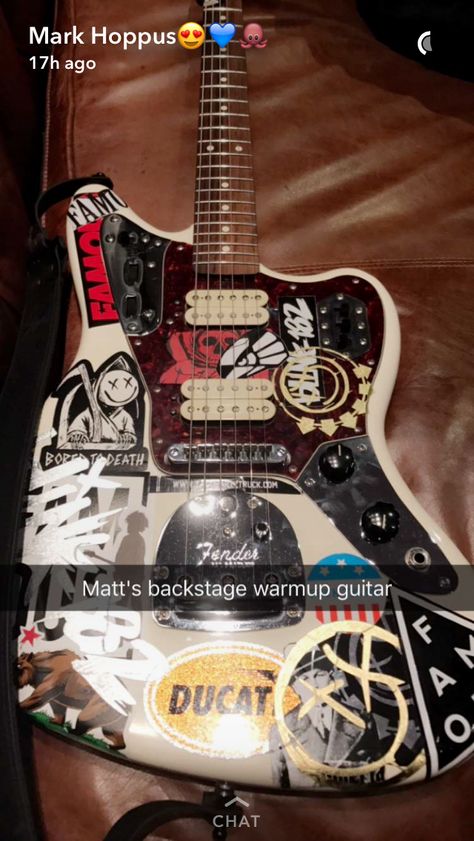 Electric Guitar Sticker Aesthetic, Guitars With Stickers, Stickerbomb Guitar, Sticker Bombed Guitar, Matt Skiba, Goth Electric Guitar, Funky Bass Guitar, Sticker Street Art, Play That Funky Music