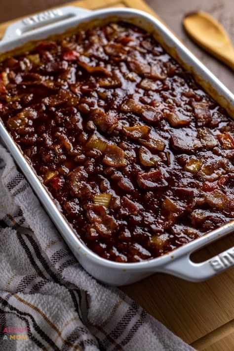 The Best Smokey Baked Beans Recipe - About a Mom Smokey Baked Beans Recipe, Candied Baked Beans, Smokey Baked Beans, Texas Baked Beans, Pole For String Lights, Turtle Sheet Cake Recipe, Baked Beans With Hamburger, Texas Sheet Cake Recipe, Baked Beans Recipe