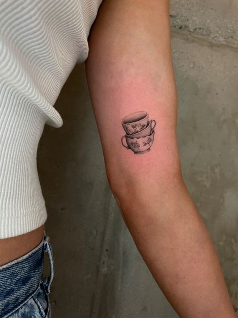 Tea Inspired Tattoos, Coffee Cups Tattoo, Matcha Tattoo Ideas, My Cup Runneth Over Tattoo, Small Tea Cup Tattoo, Yea Cup Tattoos, Tea Cups Tattoo, Tea And Toast Tattoo, Tea Cup Tattoos