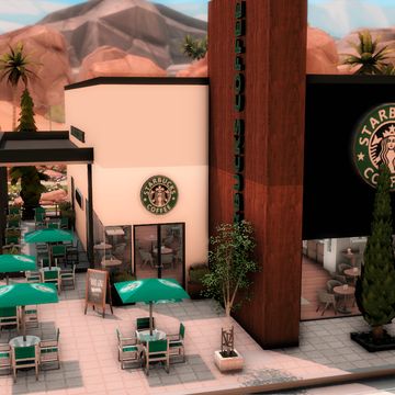 Sims 4 Cc Starbucks Clutter, Sims 4 Coffee Shop Build, Sims 4 Starbucks Mod, Sims 4 Starbucks Build, Starbucks Cc Sims 4, Sims4 Starbucks, Sims Coffee Shop, Coffee Shop Sims 4, Sims 4 Boba Shop