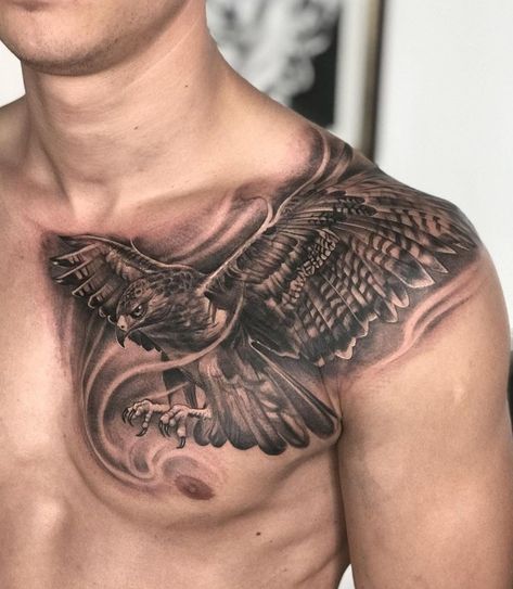 Hawk Chest Tattoo Men, Eagle Tattoo On Shoulder, Nature Chest Tattoos For Men, Pec Tattoo Men Ideas, Chest Tattoo Eagle, Eagle Chest Tattoo Men, Chest Shoulder Tattoo Men, Shoulder Chest Tattoo Men, Chest And Shoulder Tattoo For Men