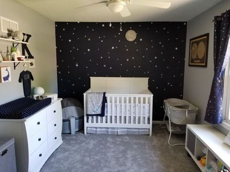 Navy Blue Space Nursery, Nursery With Stars, Space Nursery Paint Colors, Science Themed Nursery Ideas, Space Nursery Wall Decor, Space Inspired Nursery, Under The Stars Nursery, Nighttime Nursery Theme, Dream Themed Nursery