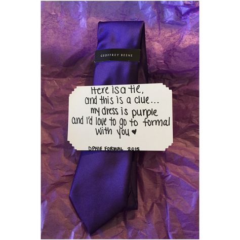 "Here is a tie and this is a clue. My dress is purple and I'd love to go to formal with you." How to say yes, yes, tie, blunt, note, poem Asking To Homecoming, Sadies Proposal, Cute Promposals, Formal Proposals, School Dance Ideas, Cute Homecoming Proposals, Cute Prom Proposals, Asking To Prom, Dance Proposal