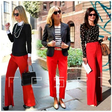 Red Tailored Pants Outfit, Red Slacks Work Outfit, Wide Leg Red Pants Outfit, Red Pants Outfit Aesthetic, Red Trousers Outfit Casual, Red White Black Outfit, Red Trousers Outfit Classy, Red Pants Outfit Work, Red Pants Outfits