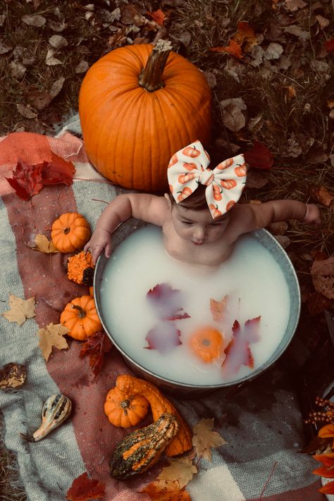 Pumpkin Milk Bath, Fall Milk Bath, Pumpkin Milk, 3 Month Old Baby Pictures, Bath Photos, Milk Bath Photos, Fall Baby Pictures, Milk Bath Photography, Bath Photography